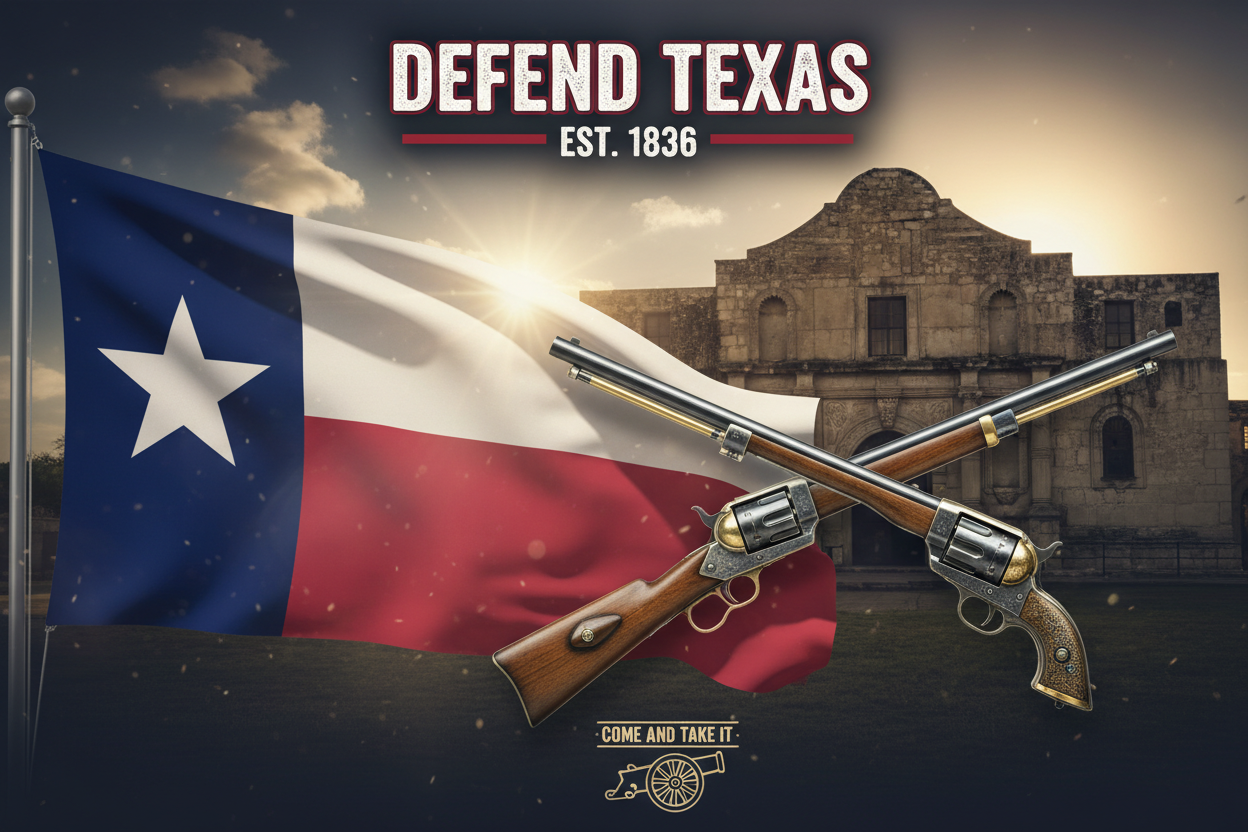 Texas Flag, Alamo, and Guns